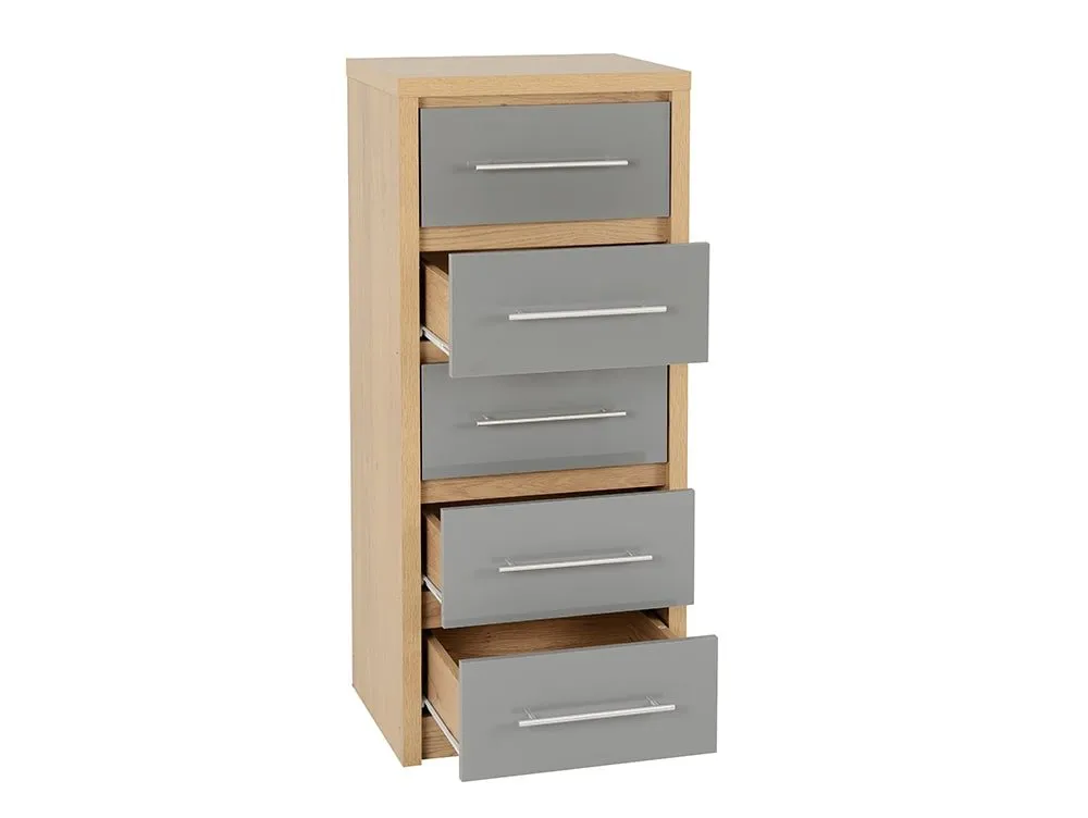Seconique Seconique Seville Grey High Gloss and Oak 5 Drawer Tall Narrow Chest