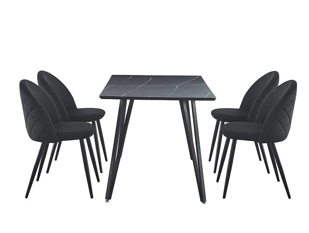 Seconique Seconique Marlow Black Marble Effect Dining Table and 4 Black Velvet Chairs