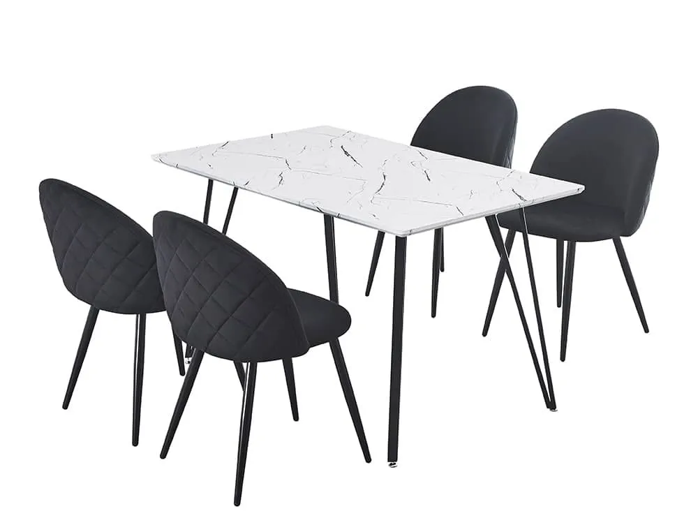 Seconique Seconique Marlow White Marble Effect Dining Table and 4 Black Velvet Chairs