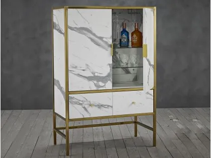 LPD Monaco White Marble and Gold 2 Door 2 Drawer Drinks Cabinet (Assembled)
