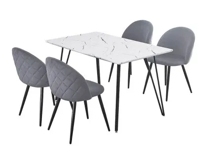 Seconique Marlow White Marble Effect Dining Table and 4 Grey Velvet Chairs