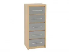 Seconique Seconique Seville Grey High Gloss and Oak 5 Drawer Tall Narrow Chest