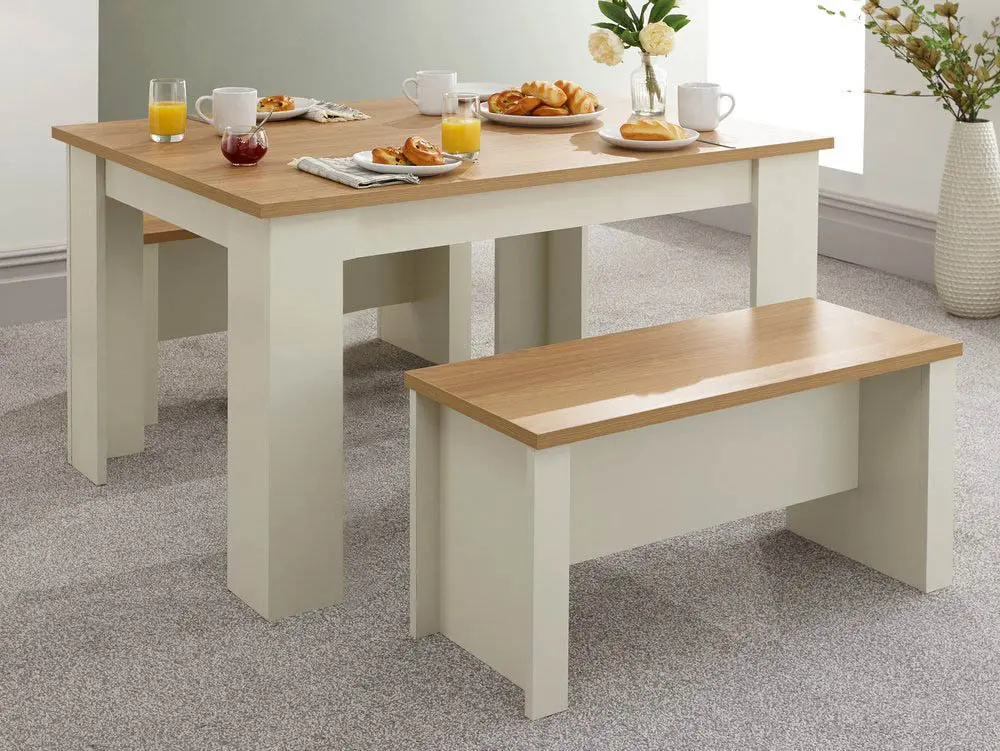 GFW Lancaster 120cm Cream and Oak Dining Table and 2 Bench Set