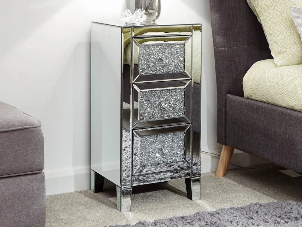 GFW GFW Lucia 3 Drawer Crushed Diamond Mirrored Bedside Table (Assembled)