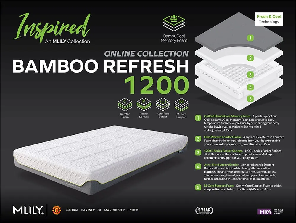 MLILY MLILY Bamboo Memory Refresh Pocket 1200 6ft Super King Size Mattress in a Box