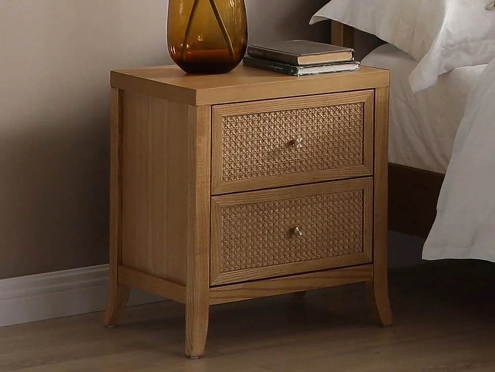 Kyoto Kyoto Zach Rattan and Oak 2 Drawer Bedside Table