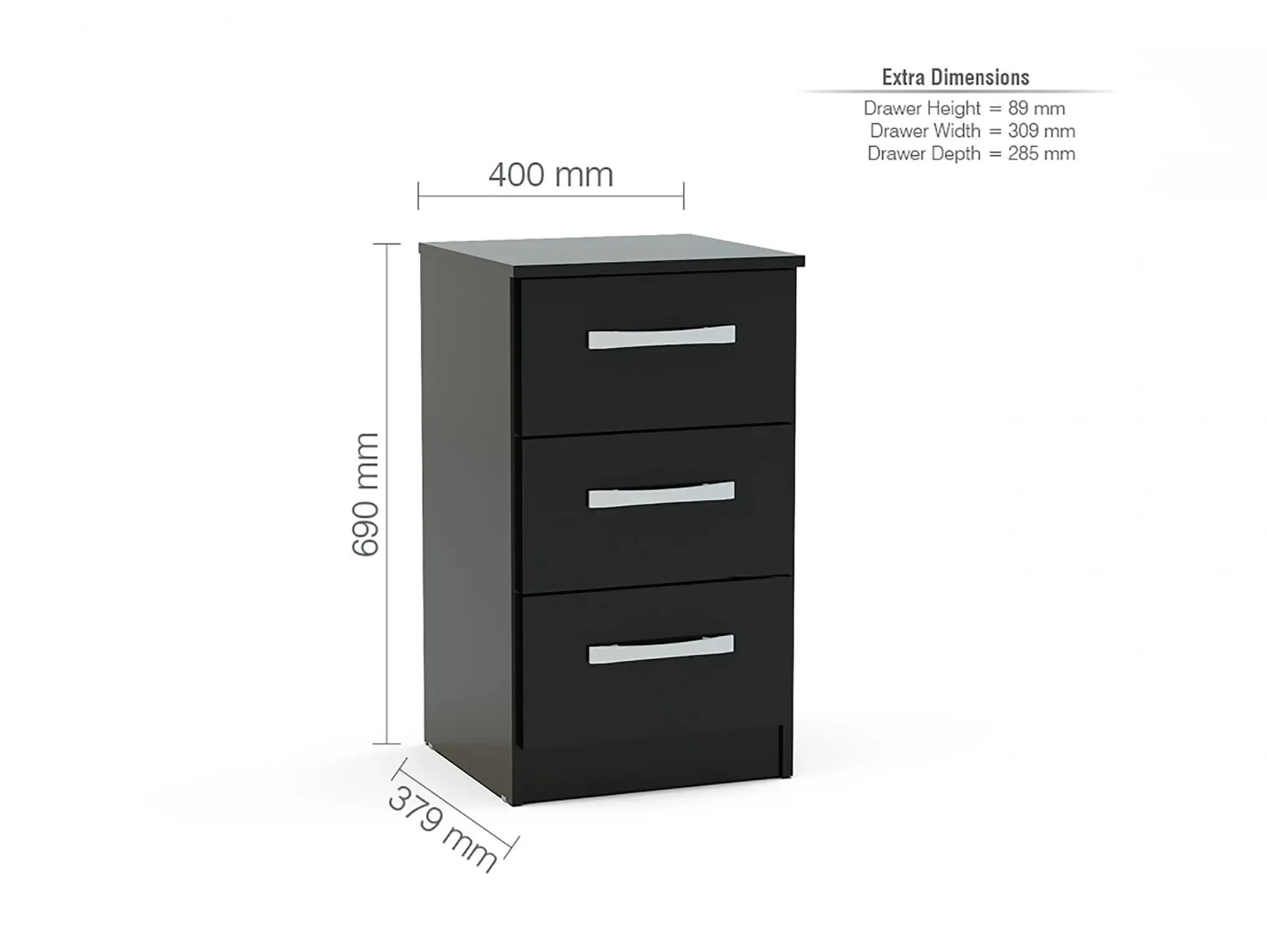 Birlea Furniture & Beds Clearance - Birlea Lynx Black High Gloss 3 Drawer Bedside Cabinet