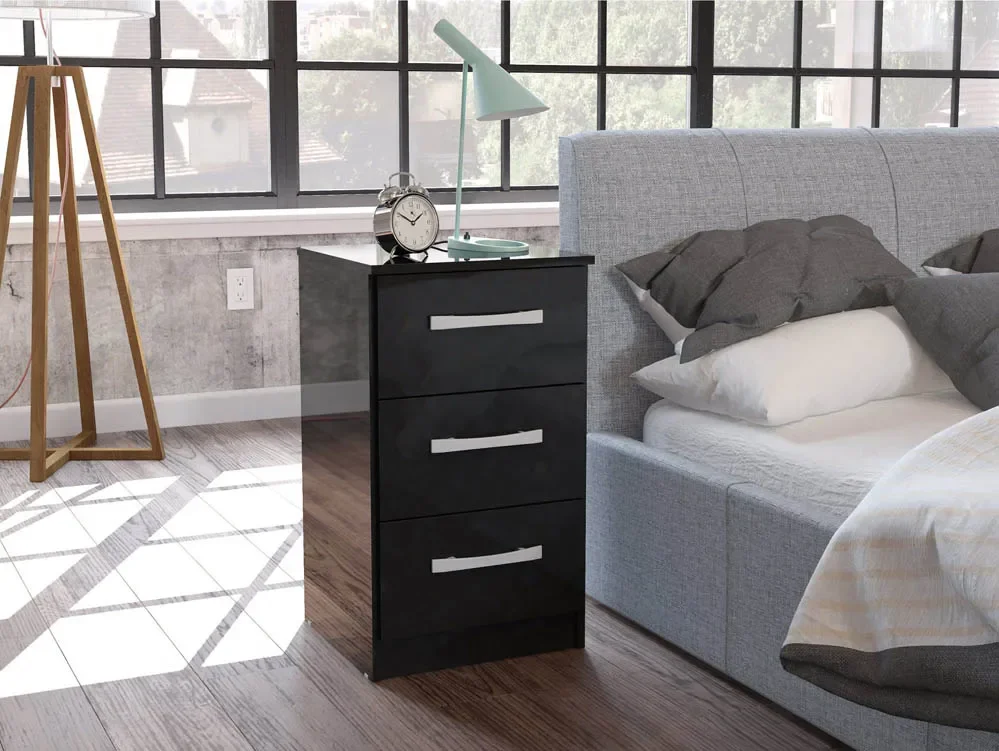 Birlea Furniture & Beds Clearance - Birlea Lynx Black High Gloss 3 Drawer Bedside Cabinet