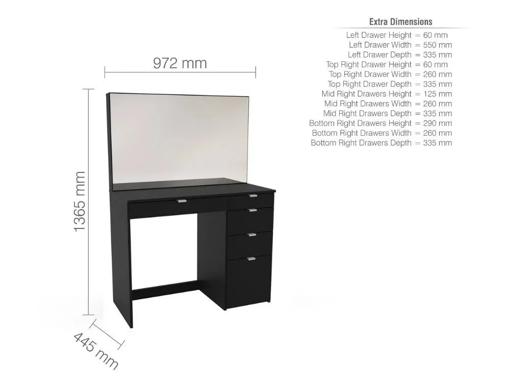 Birlea Furniture & Beds Clearance - Birlea Ava Black 5 Drawer Dressing Table and Mirror