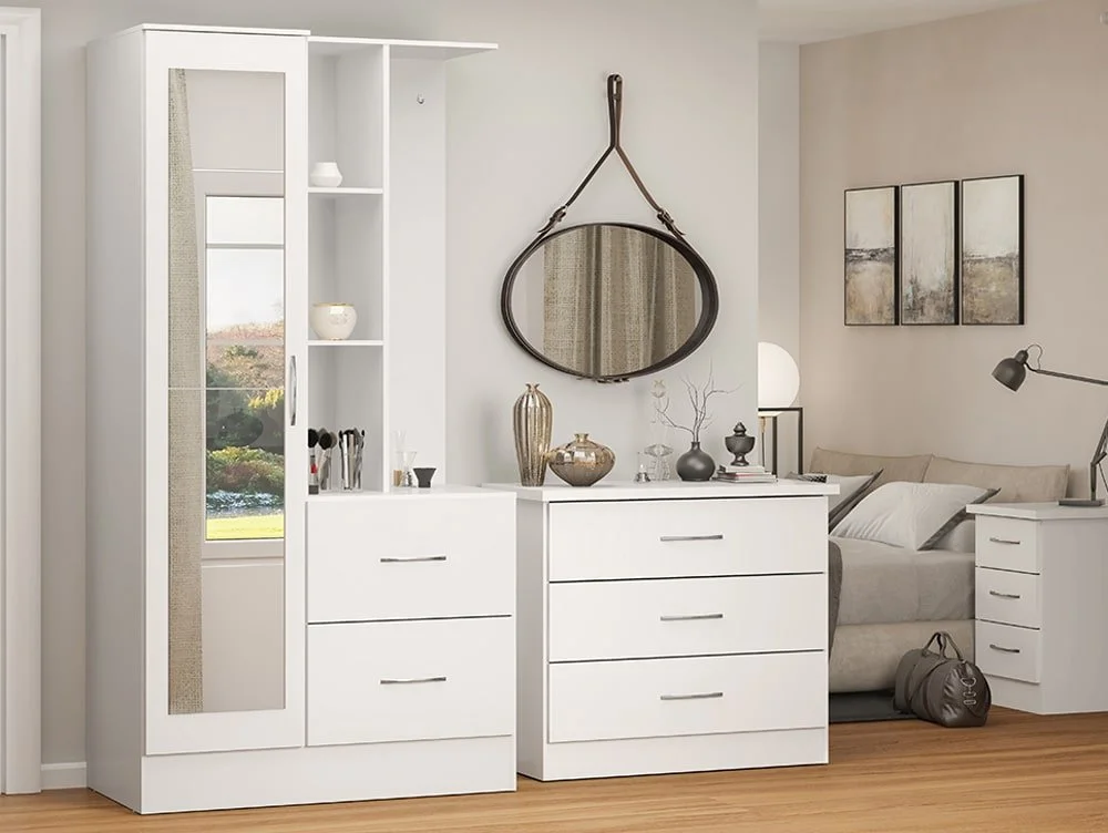 Seconique Seconique Nevada White High Gloss 1 Door 2 Drawer Mirrored Shelving Wardrobe