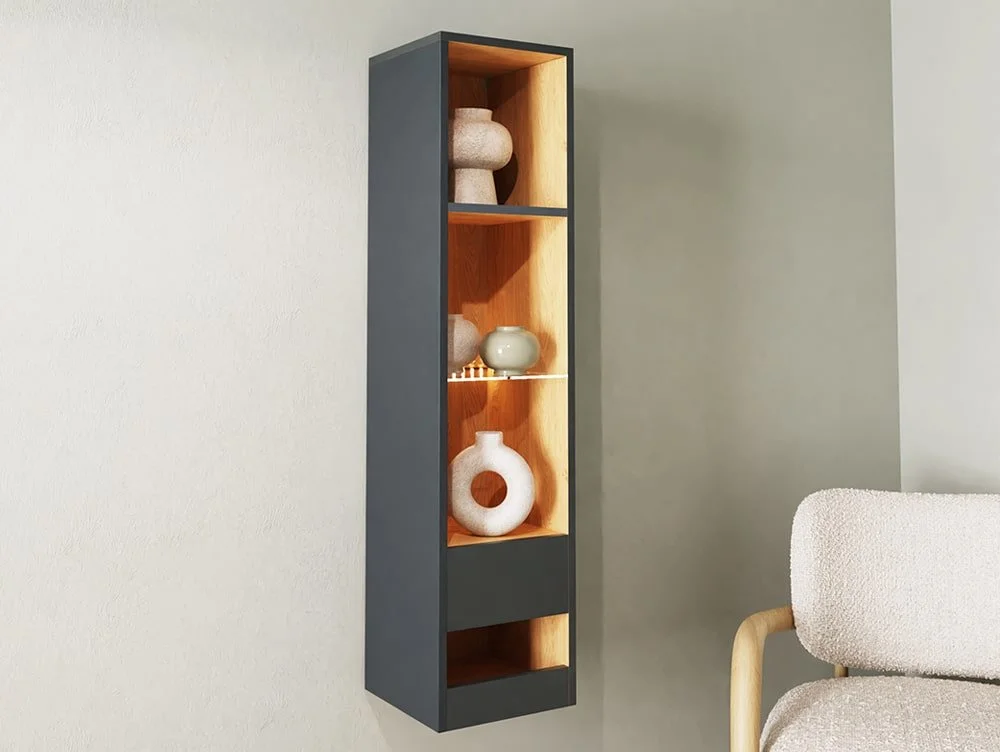 GFW GFW Leon Anthracite and Oak Tall Shelf Unit With LED Lighting