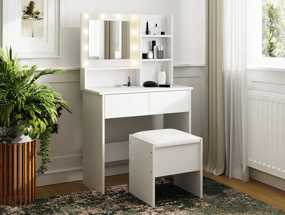 GFW GFW Eva White 2 Drawer Dressing Table Set with LED Lighting