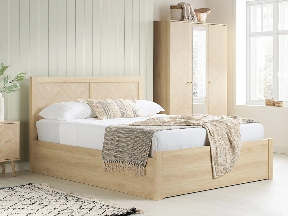 Birlea Furniture & Beds Birlea Herringford 4ft6 Double Light Oak Wooden Ottoman Bed Frame