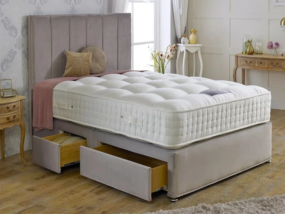 Dura Clearance - Dura Royal Crown Natural Pocket 2000 4ft Small Double Reinforced Divan Bed with London Floorstanding Headboard Carlton Sky