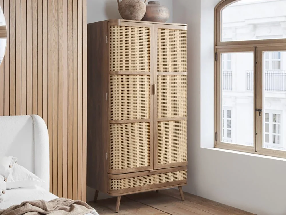 Birlea Furniture & Beds Birlea Noah Rattan and Oak 2 Door 1 Drawer Wardrobe