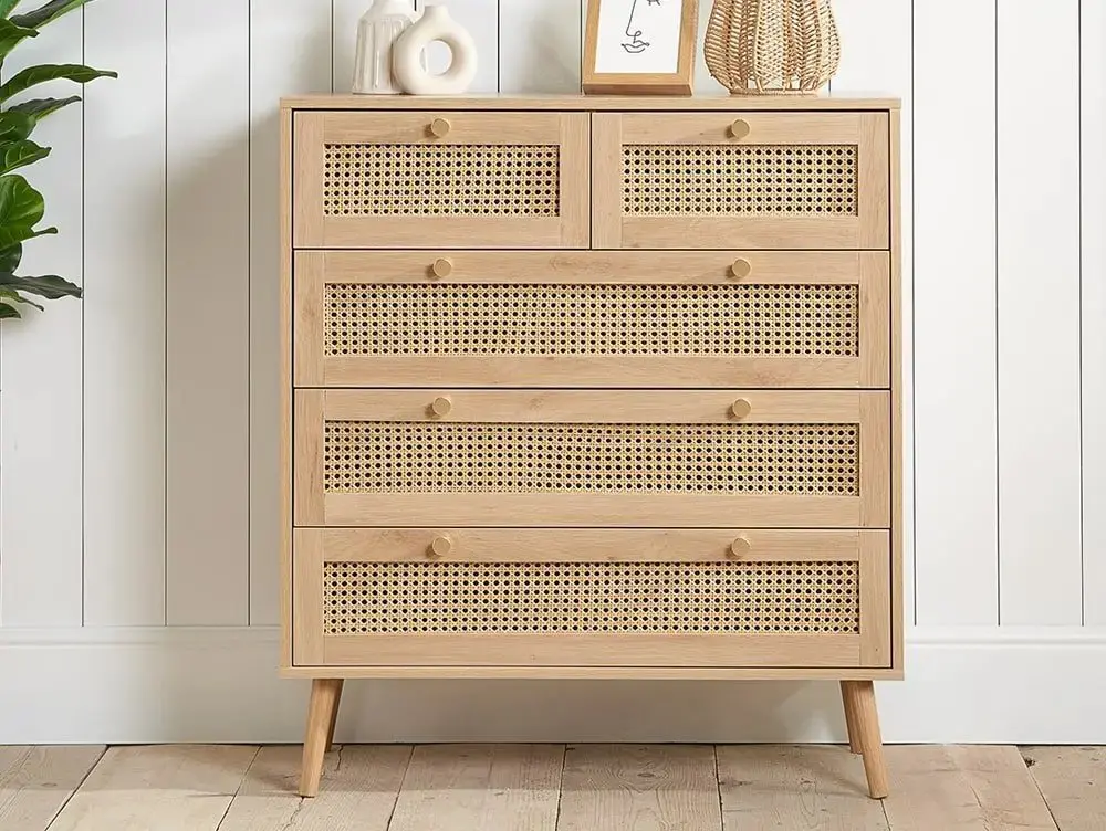 Birlea Furniture & Beds Clearance - Birlea Croxley Rattan and Oak 3+2 Drawer Chest of Drawers