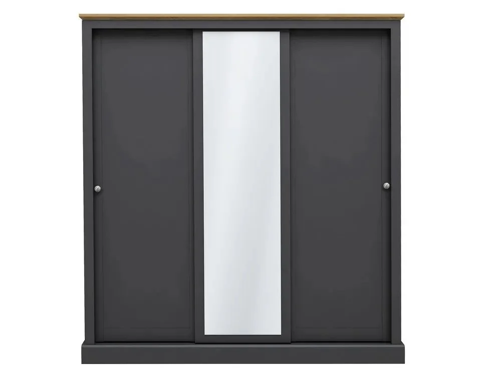 LPD Clearance - LPD Devon Charcoal and Oak Sliding Door Mirrored Large Triple Wardrobe