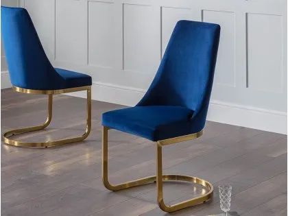 Julian Bowen Vittoria Set of 2 Blue Velvet and Gold Dining Chairs