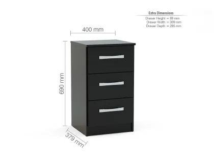 Clearance - Birlea Lynx Black High Gloss 3 Drawer Bedside Cabinet