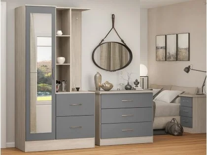Seconique Nevada Grey Gloss and Oak 1 Door 2 Drawer Mirrored Shelving Wardrobe